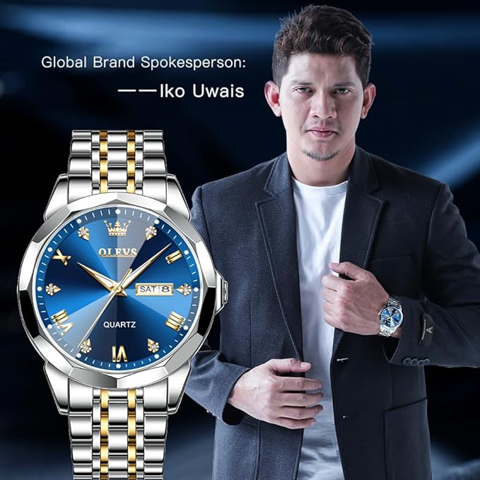 OLEVS Original Men's Diamond Watch Analog Quartz Stainless Steel Calendar Business Dress Watch with Luminous Waterproof Casual Wristwatch