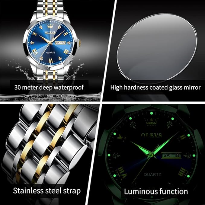 OLEVS Original Men's Diamond Watch Analog Quartz Stainless Steel Calendar Business Dress Watch with Luminous Waterproof Casual Wristwatch
