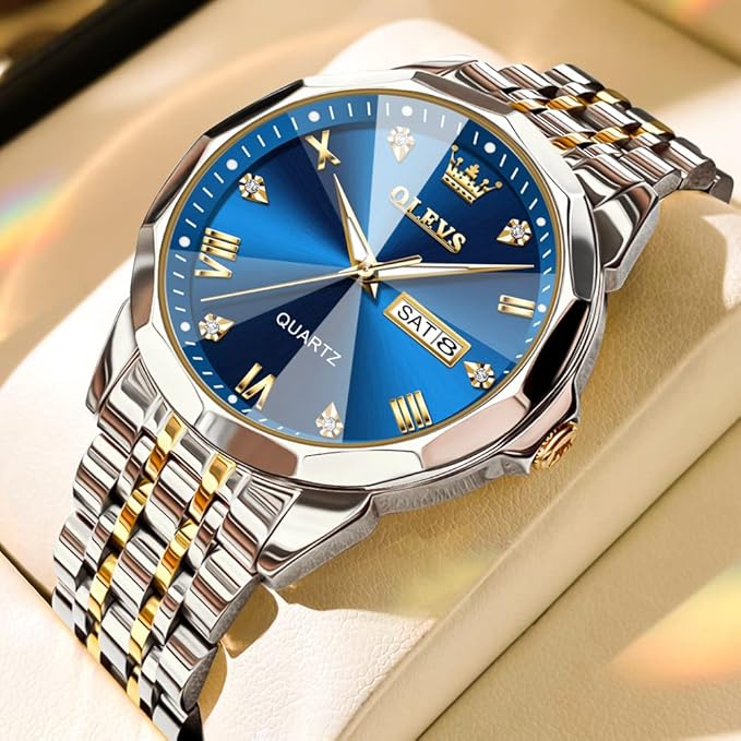 OLEVS Original Men's Diamond Watch Analog Quartz Stainless Steel Calendar Business Dress Watch with Luminous Waterproof Casual Wristwatch